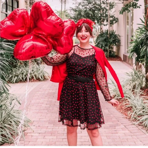 Modcloth Sheer Black Dress with Embroidered Red Hearts - Picture 3 of 9